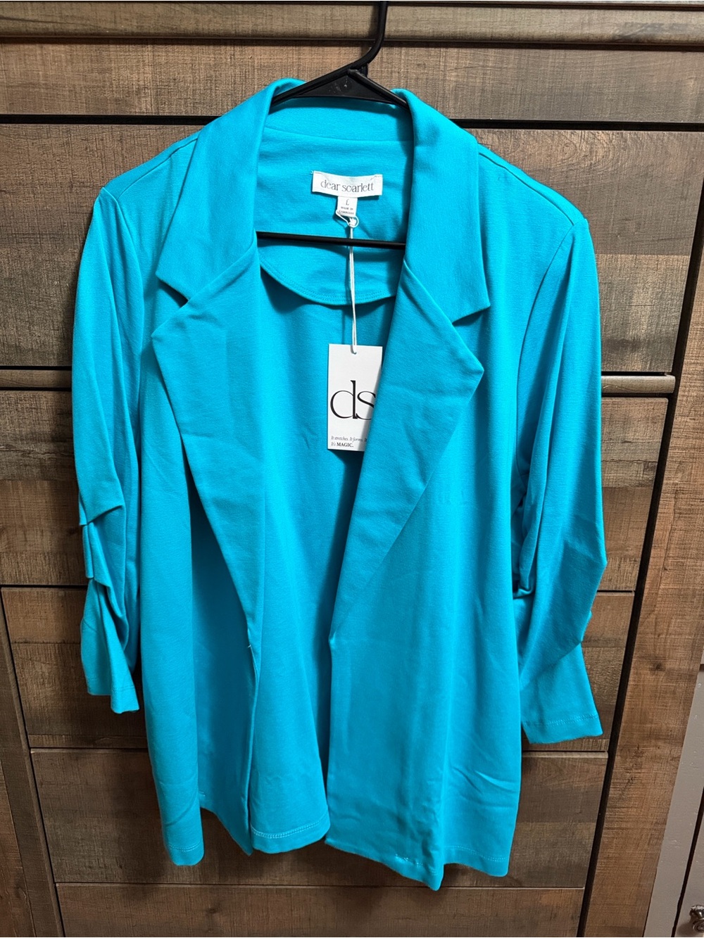 Dear Scarlett Turquoise Open Front Ruched Sleeve Blazer Size L NWT